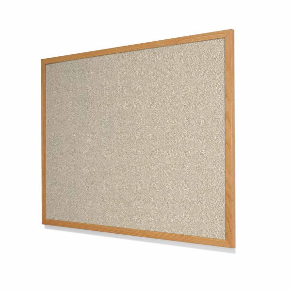 Type II Woven Vinyl Koroseal Linden Gray Mist Cork Board with Narrow Red Oak Frame